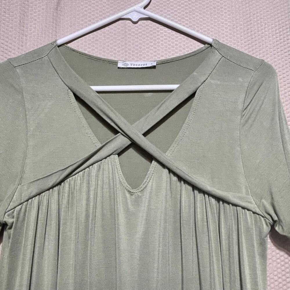 Veveret Small Sage Green Criss Cross Neck Swing Tunic Top Short Sleeve Boho - Picture 3 of 8